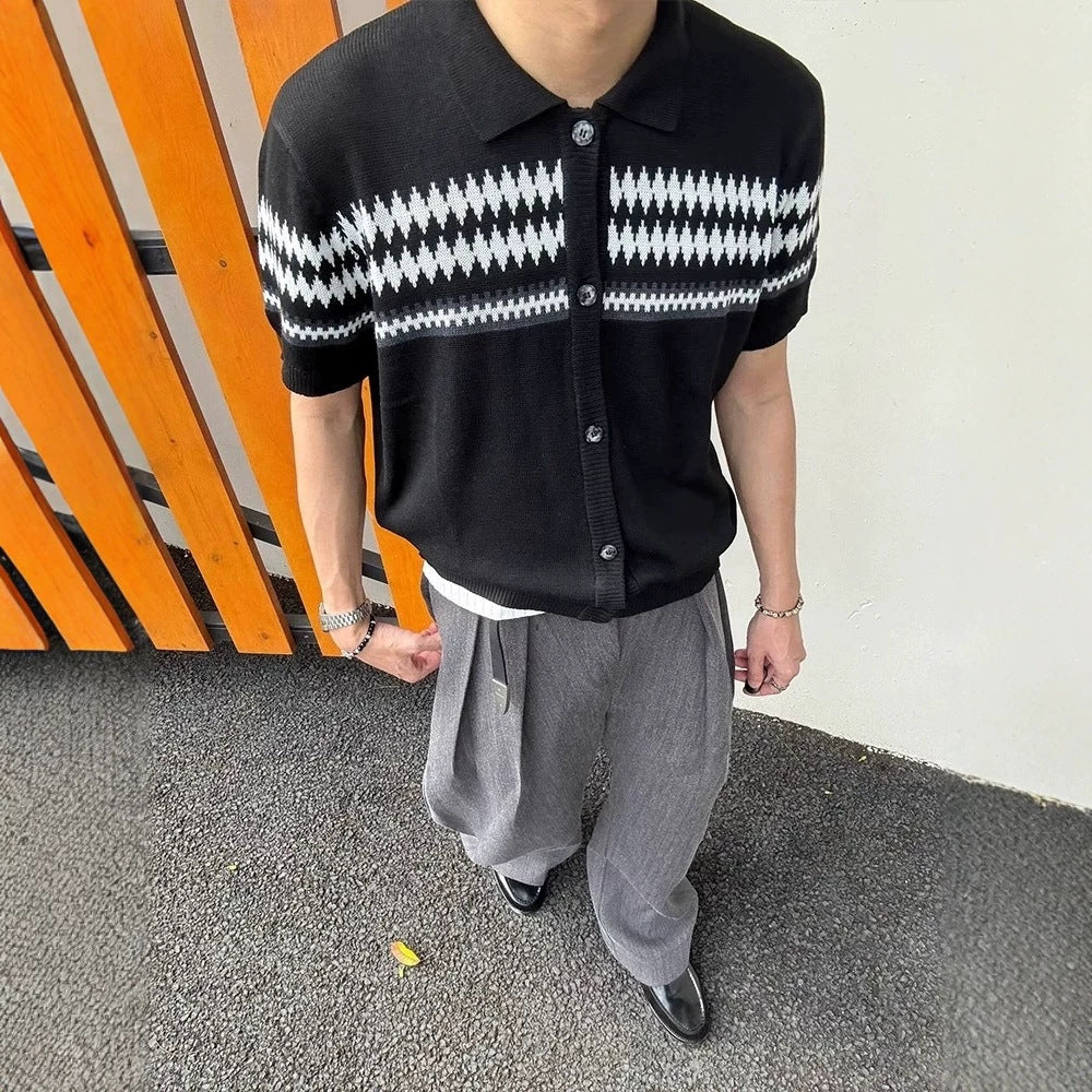 Men's Retro Jacquard Knit Short Sleeve Shirt - Geometric Pattern Regular Fit - Black