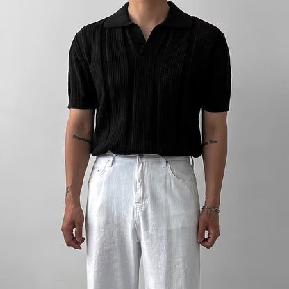 Men's Solid Textured Knit Short Sleeve Polo Shirt - Relaxed Fit - Black
