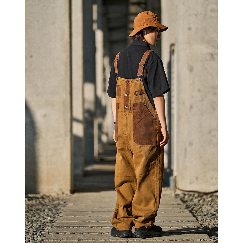 Unisex Khaki Bib Overalls - Relaxed Straight Leg
