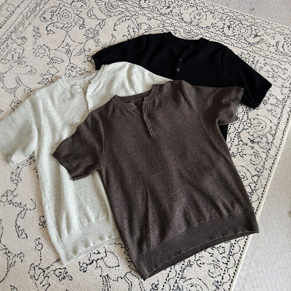 Men's Henley Collar Knit Short Sleeve Polo Shirt in Gray