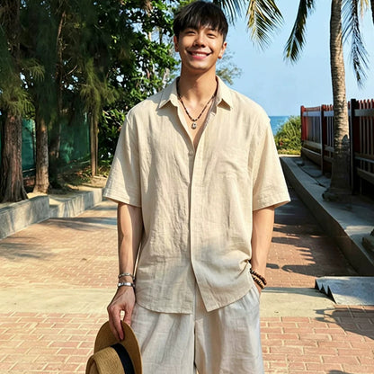 Men's Linen Blend Short Sleeve Spliced Shirt in Black