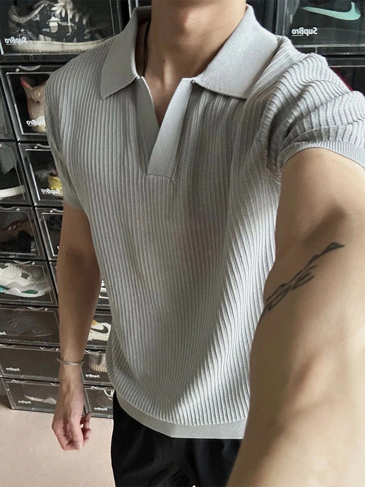 Men's Seagull V-Neck Knit Short Sleeve Polo Shirt in Gray