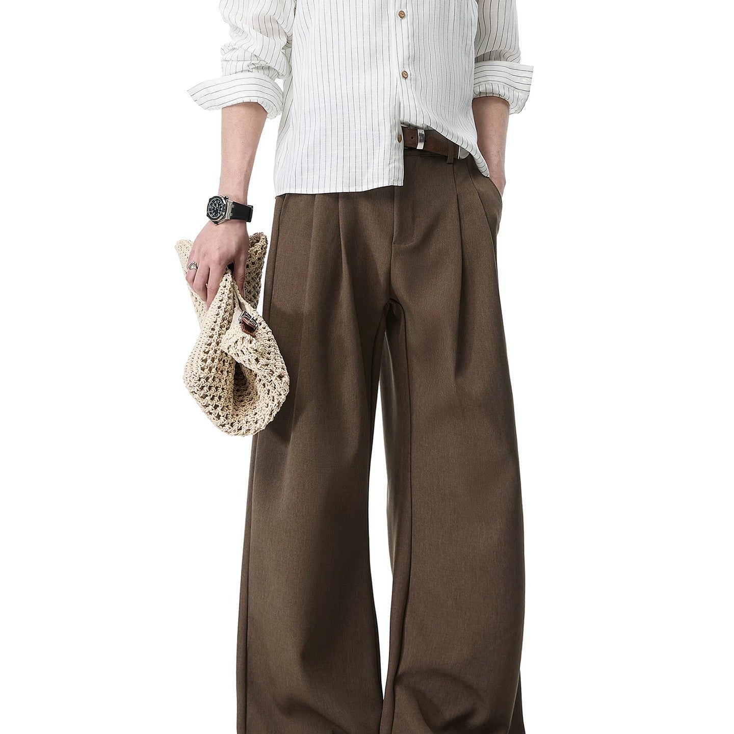 Men's Double Pleated Straight-Leg Trousers in Brown