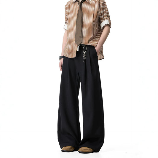 Men's Double Pleated Straight-Leg Trousers in Brown