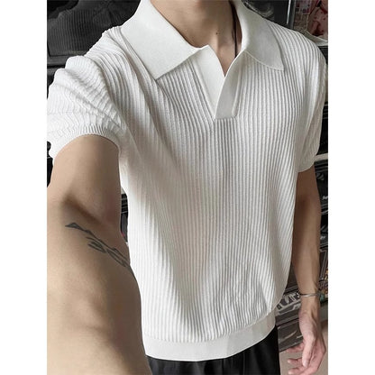 Men's Seagull V-Neck Knit Short Sleeve Polo Shirt in Beige