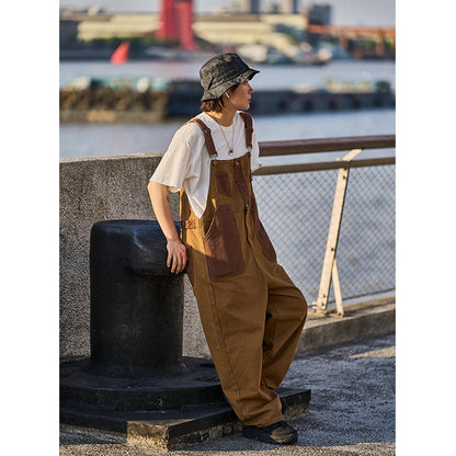 Unisex Khaki Bib Overalls - Relaxed Straight Leg