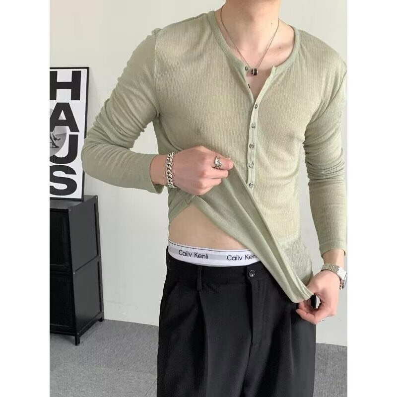 Men's Sheer Mesh Long Sleeve Henley Shirt - Deep V-Neck Slim Fit - Green