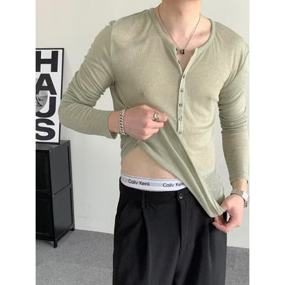 Men's Sheer Mesh Long Sleeve Henley Shirt - Deep V-Neck Slim Fit - Green