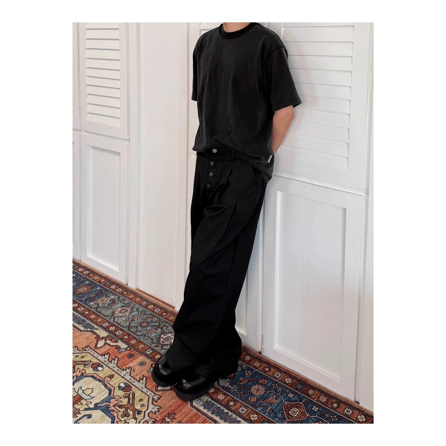 Unisex Pinstripe Pleated Trousers - Relaxed Wide Leg - Black