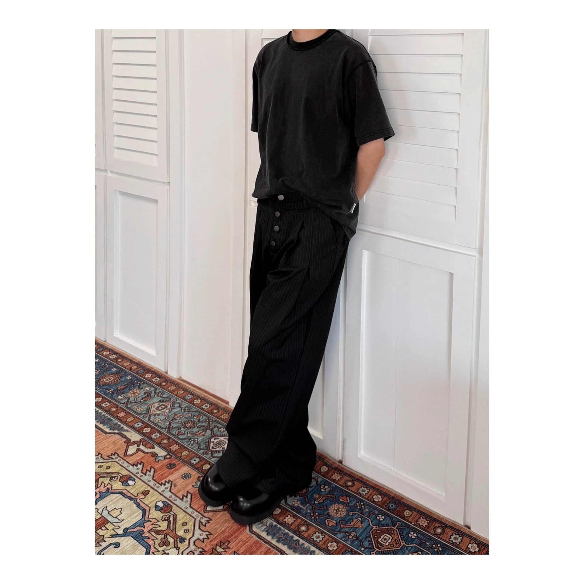 Unisex Pinstripe Pleated Trousers - Relaxed Wide Leg - Black