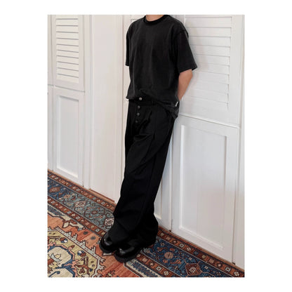 Unisex Pinstripe Pleated Trousers - Relaxed Wide Leg - Black