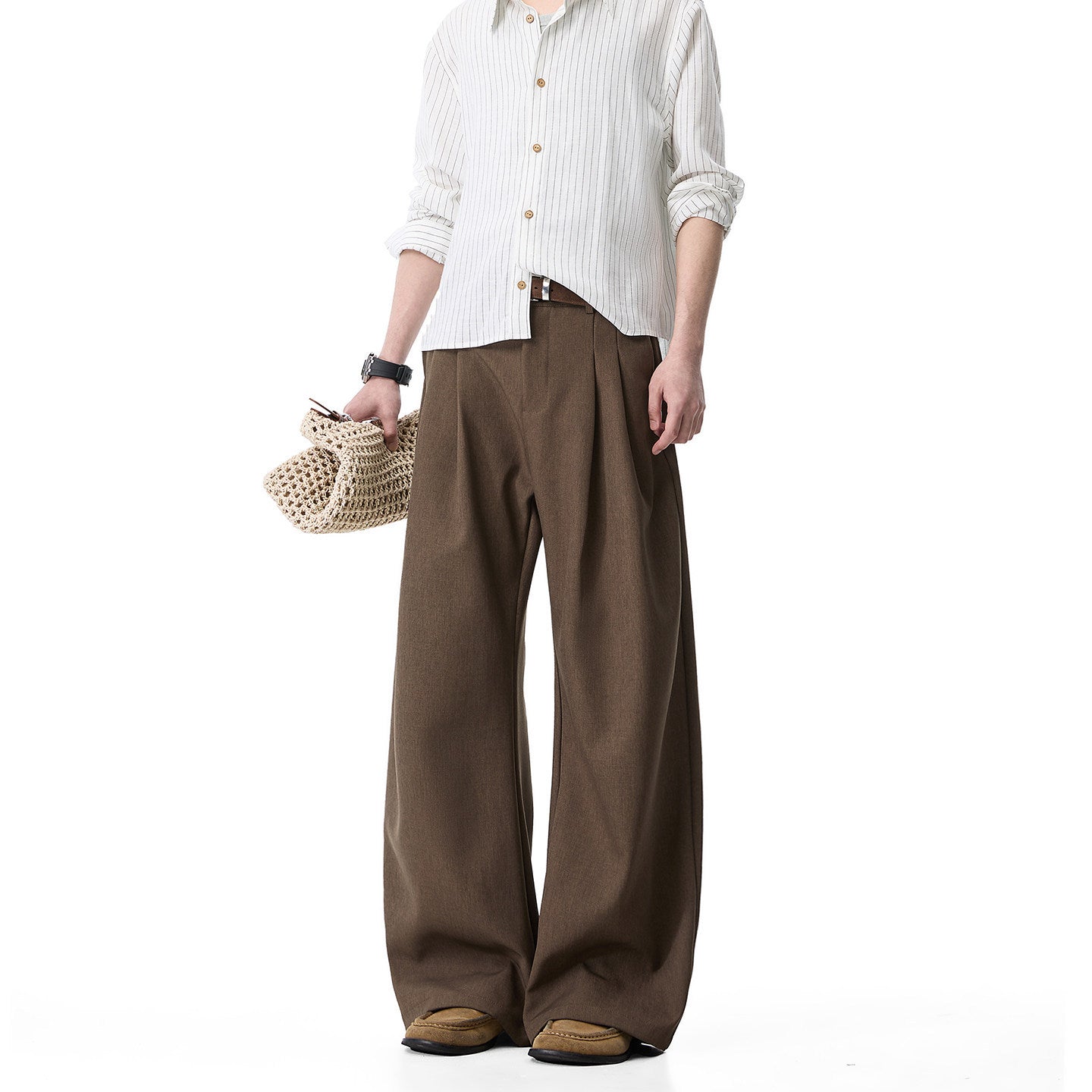 Men's Double Pleated Straight-Leg Trousers in Gray