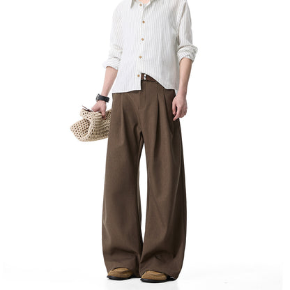 Men's Double Pleated Straight-Leg Trousers in Gray