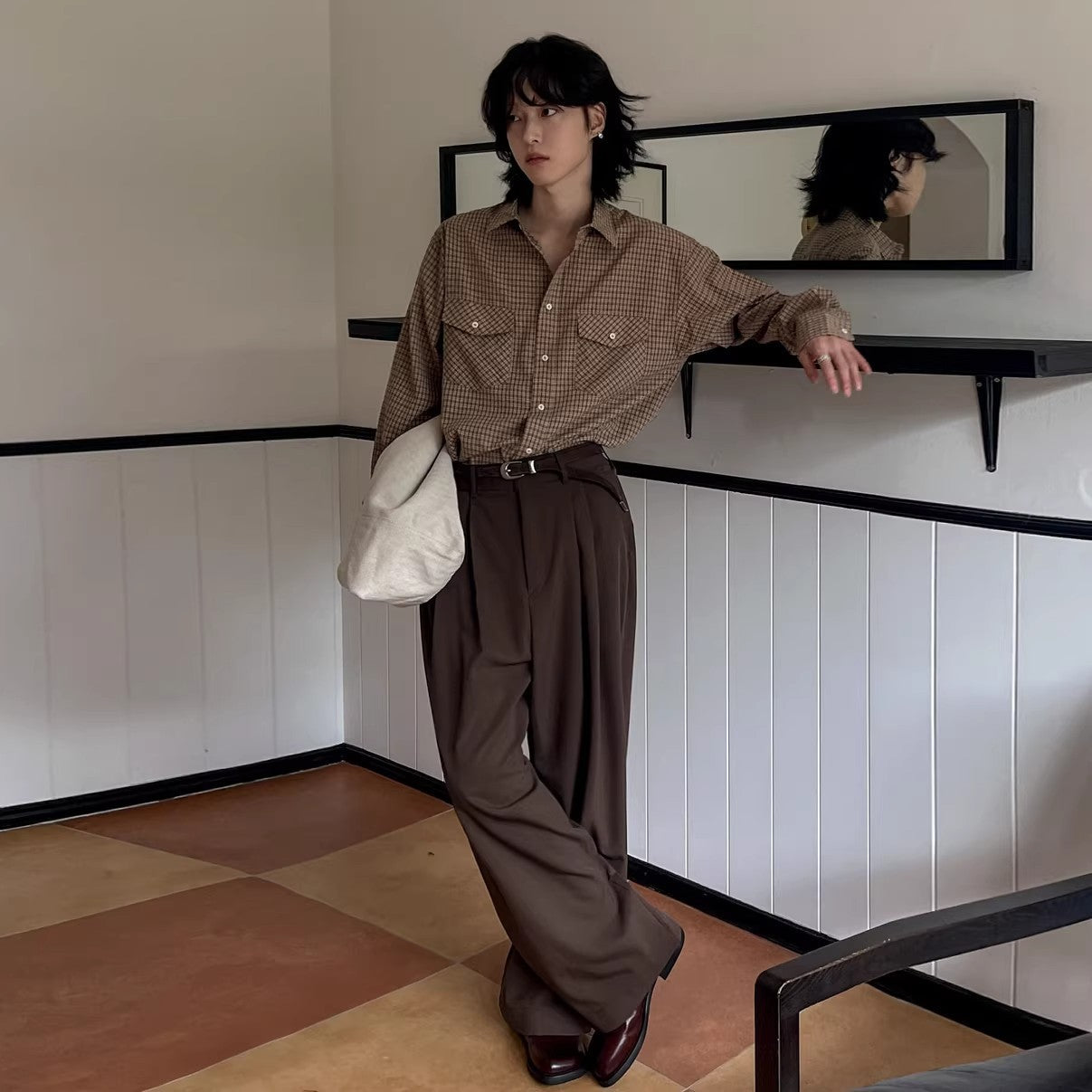 Men's straight-leg casual suit pants in brown and black