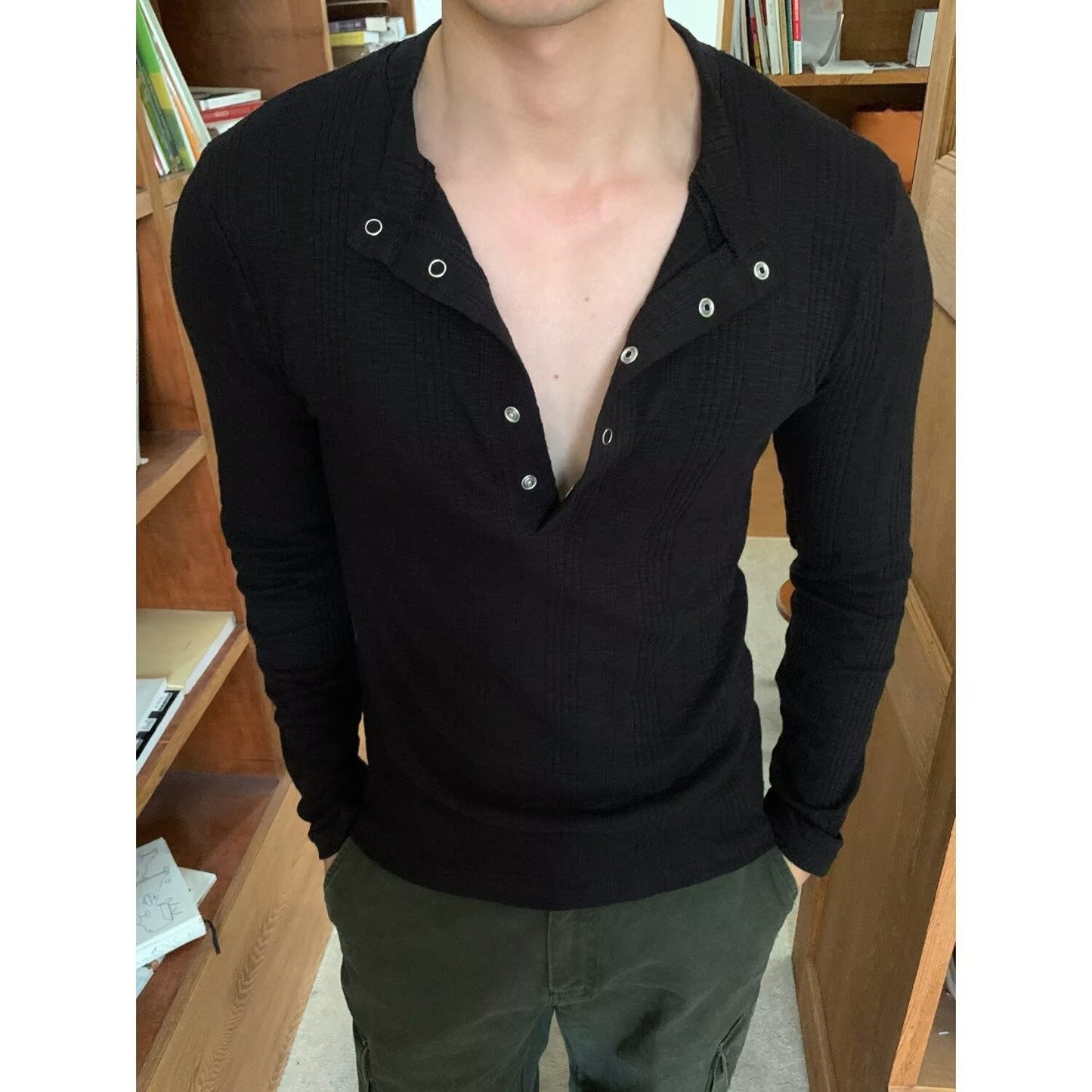 Men's Sheer Mesh Long Sleeve Henley Shirt - Deep V-Neck Slim Fit - Green