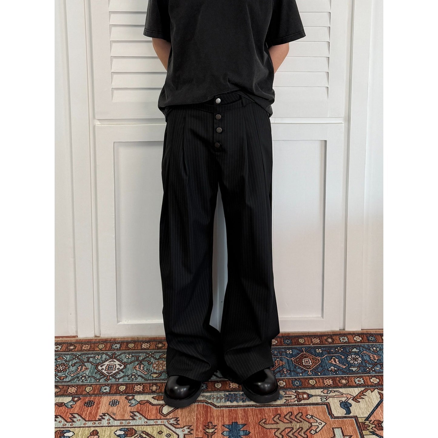 Unisex Pinstripe Pleated Trousers - Relaxed Wide Leg - Grey