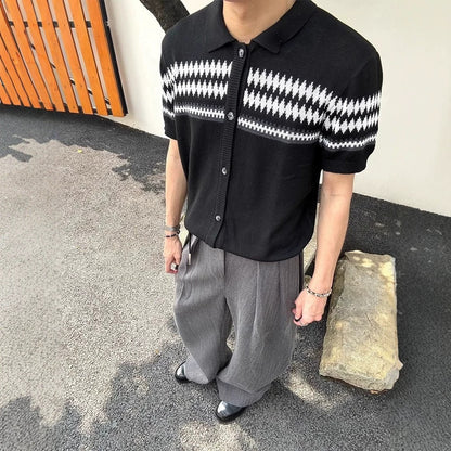 Men's Retro Jacquard Knit Short Sleeve Shirt - Geometric Pattern Regular Fit - Black