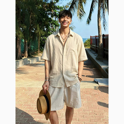 Men's Linen Blend Short Sleeve Spliced Shirt in Beige