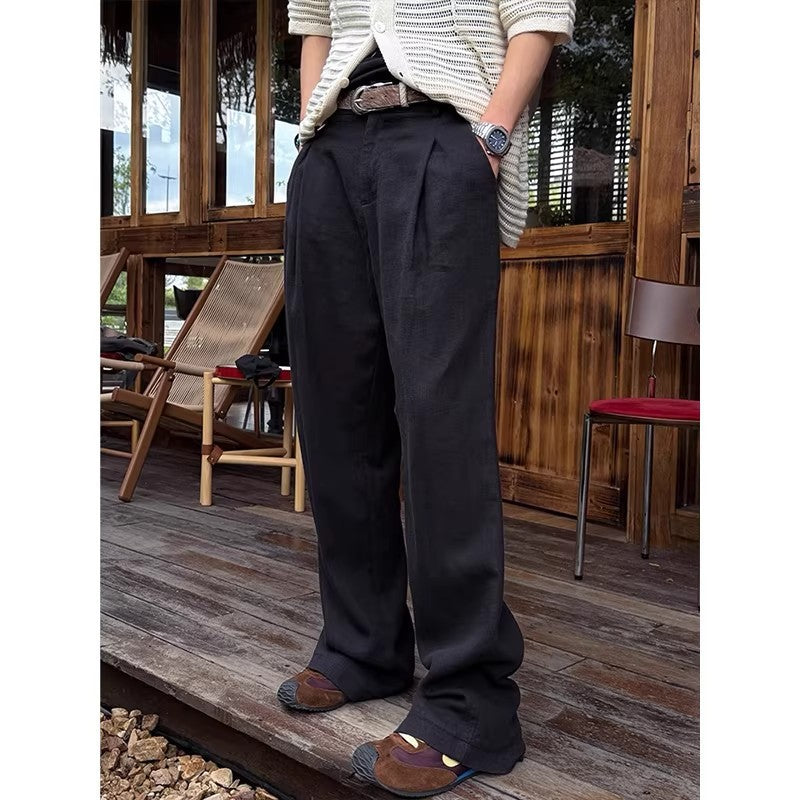 Men's Linen Blend Wide-Leg Casual Pants in Brown