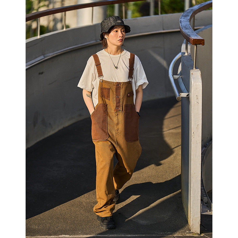 Unisex Khaki Bib Overalls - Relaxed Straight Leg