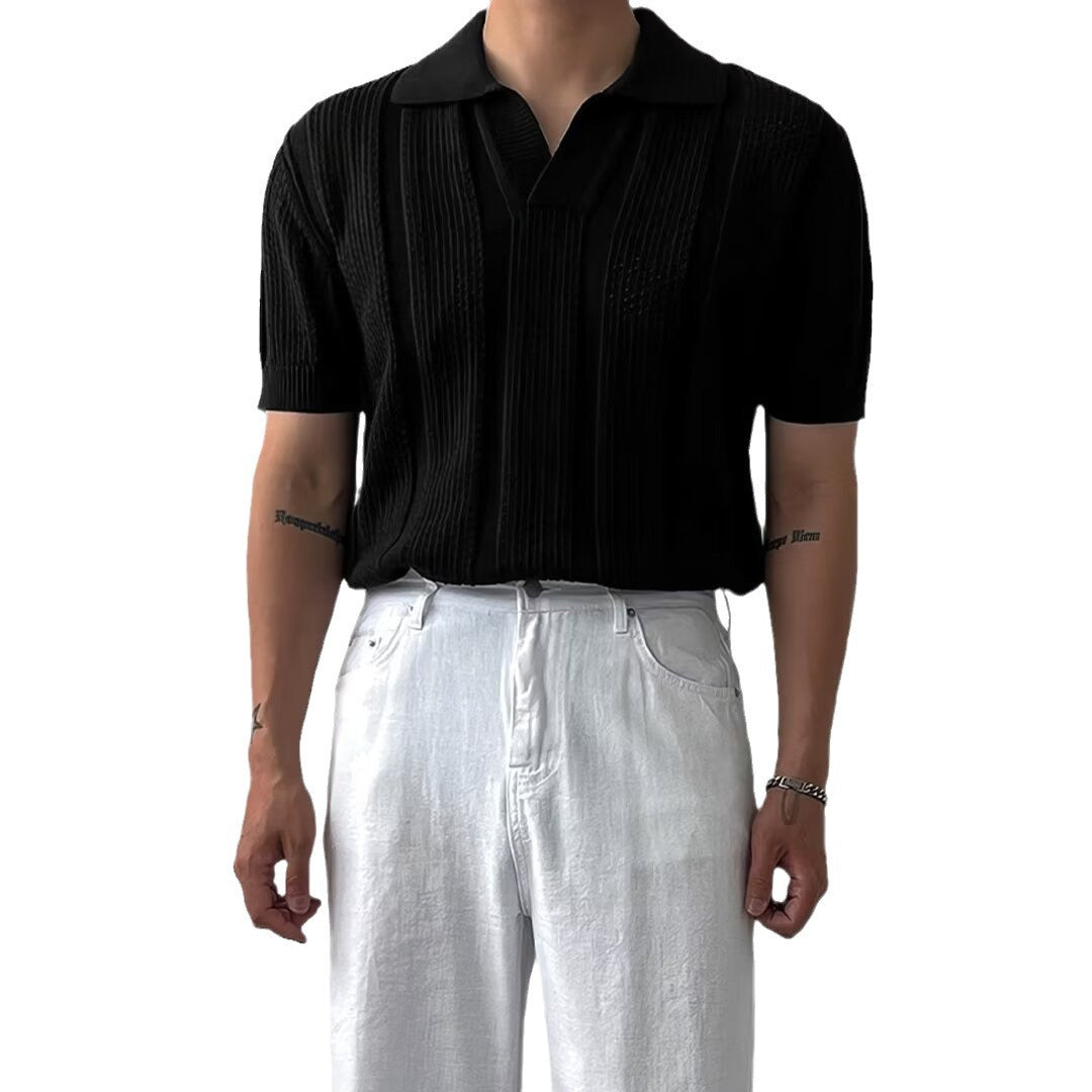 Men's Solid Textured Knit Short Sleeve Polo Shirt - Relaxed Fit - Navy blue