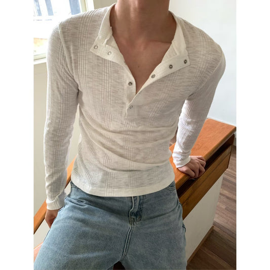 Men's Sheer Mesh Long Sleeve Henley Shirt - Deep V-Neck Slim Fit - White