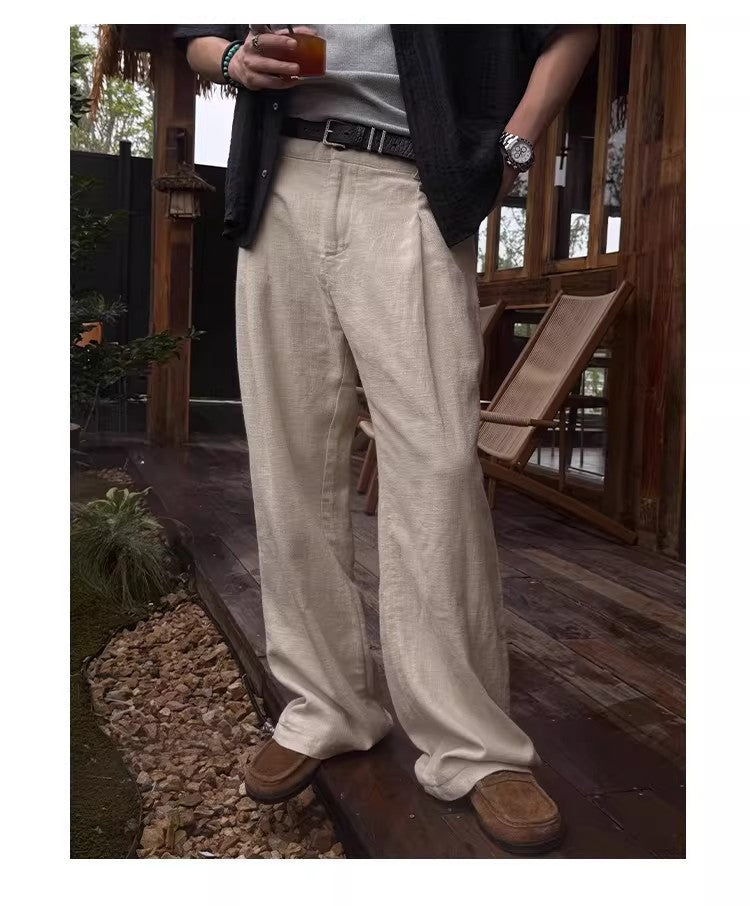 Men's Linen Blend Wide-Leg Casual Pants in Beige