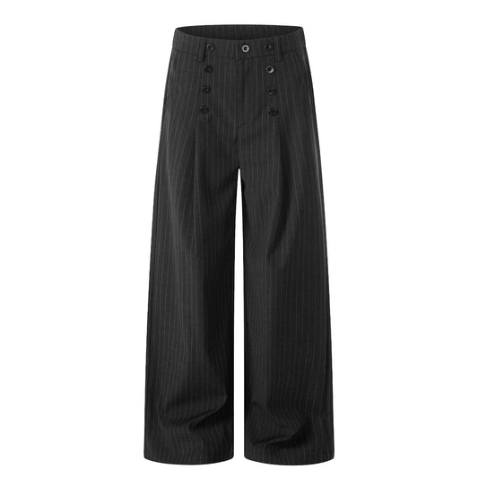 Men's Pinstripe Pleated Trousers - Relaxed Straight Leg - Black