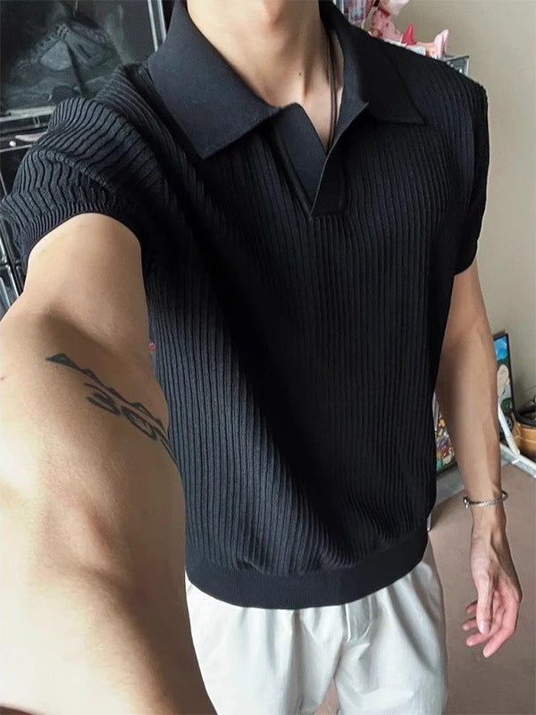 Men's Seagull V-Neck Knit Short Sleeve Polo Shirt in Gray