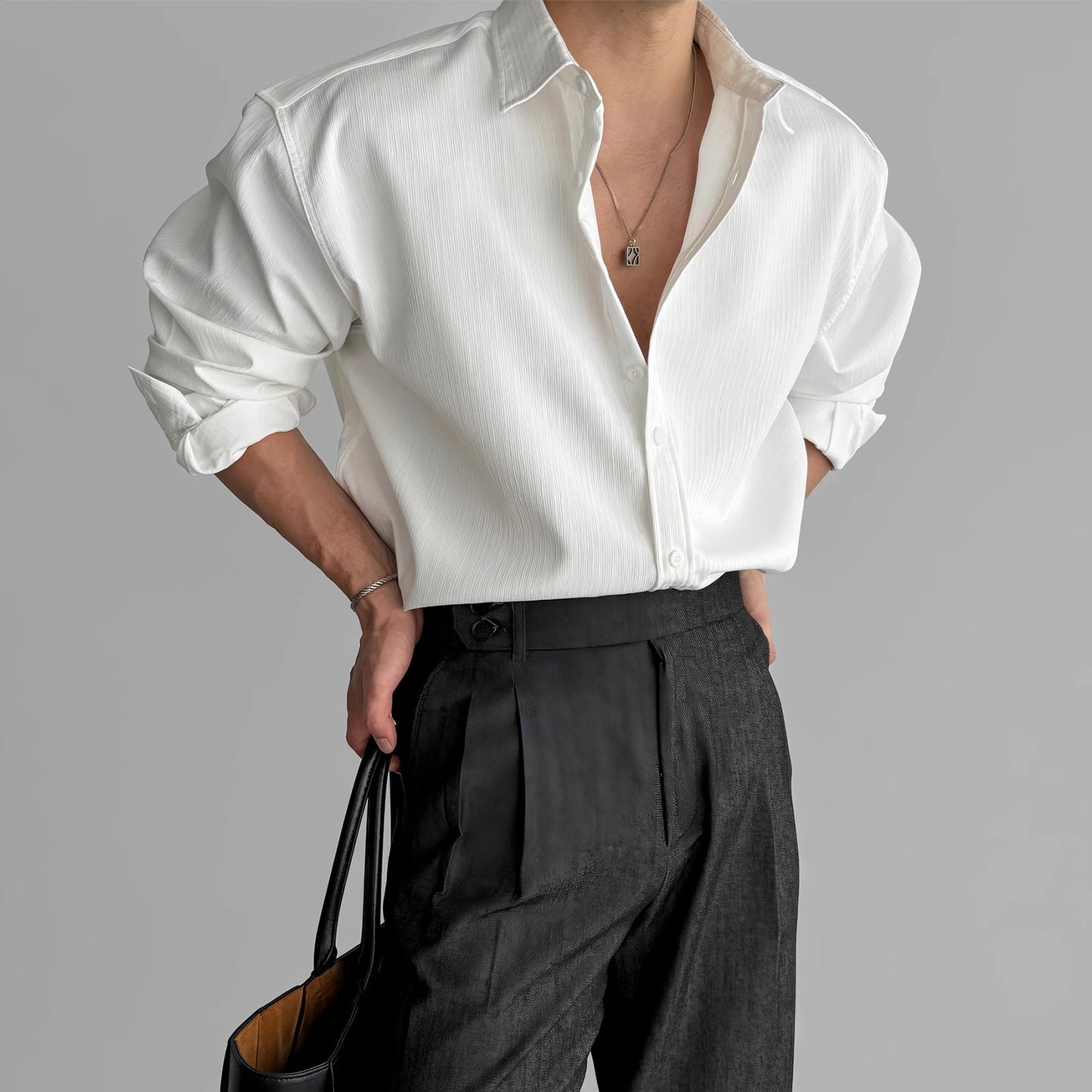 Men's Vertical Stripe Long Sleeve Button Shirt in Black