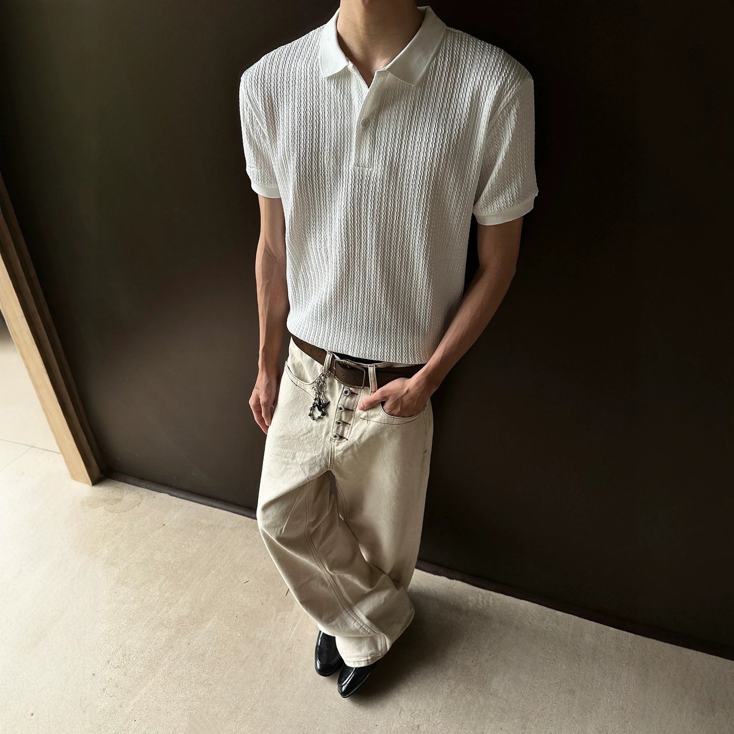 Men's Cable Knit Short Sleeve Polo Shirt - Textured Slim Fit - White