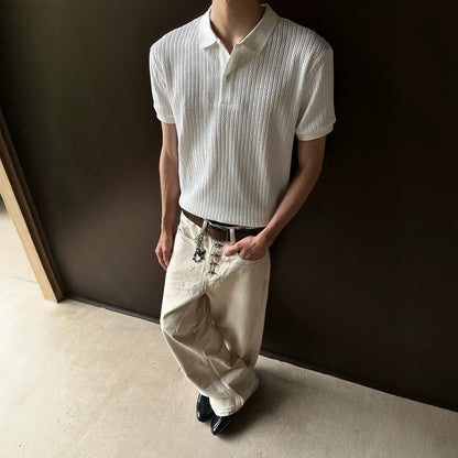 Men's Cable Knit Short Sleeve Polo Shirt - Textured Slim Fit - White
