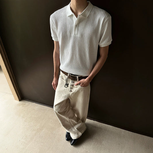 Men's Cable Knit Short Sleeve Polo Shirt - Textured Slim Fit - White