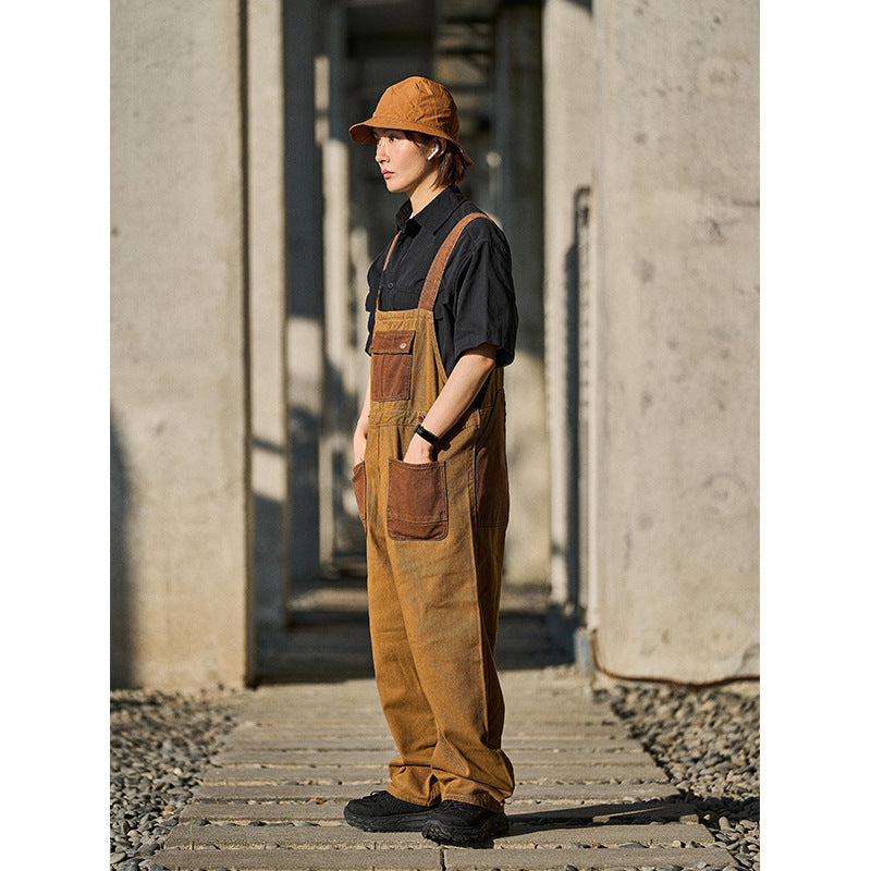 Unisex Khaki Bib Overalls - Relaxed Straight Leg