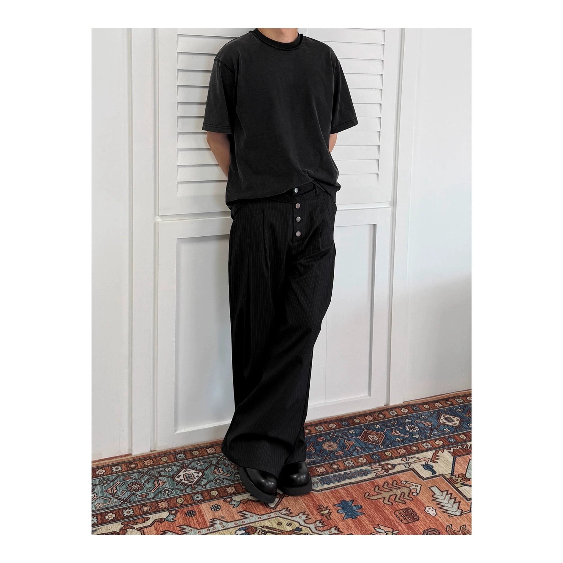 Unisex Pinstripe Pleated Trousers - Relaxed Wide Leg - Black