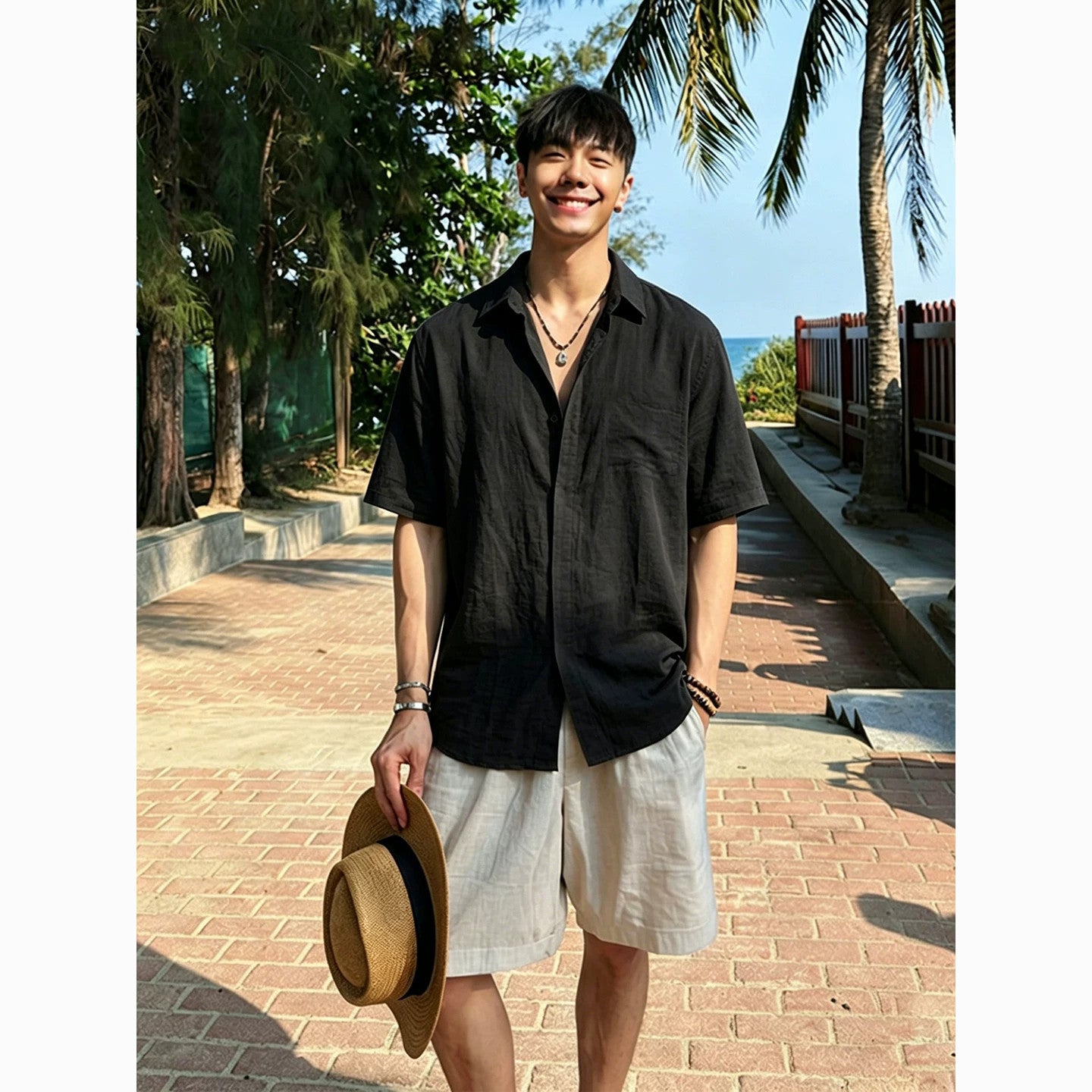 Men's Linen Blend Short Sleeve Spliced Shirt in Brown