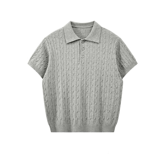 Men's Textured Knit Short Sleeve Polo Shirt in Light Gray