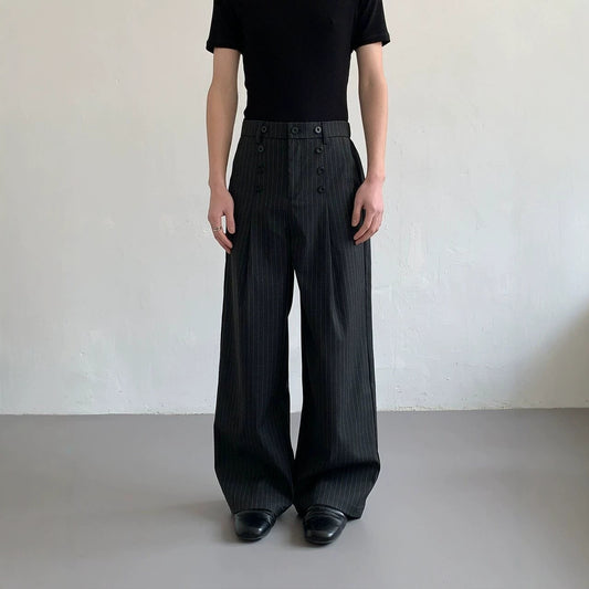 Men's Pinstripe Pleated Trousers - Relaxed Straight Leg - Grey