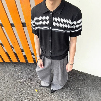 Men's Retro Jacquard Knit Short Sleeve Shirt - Geometric Pattern Regular Fit - Black