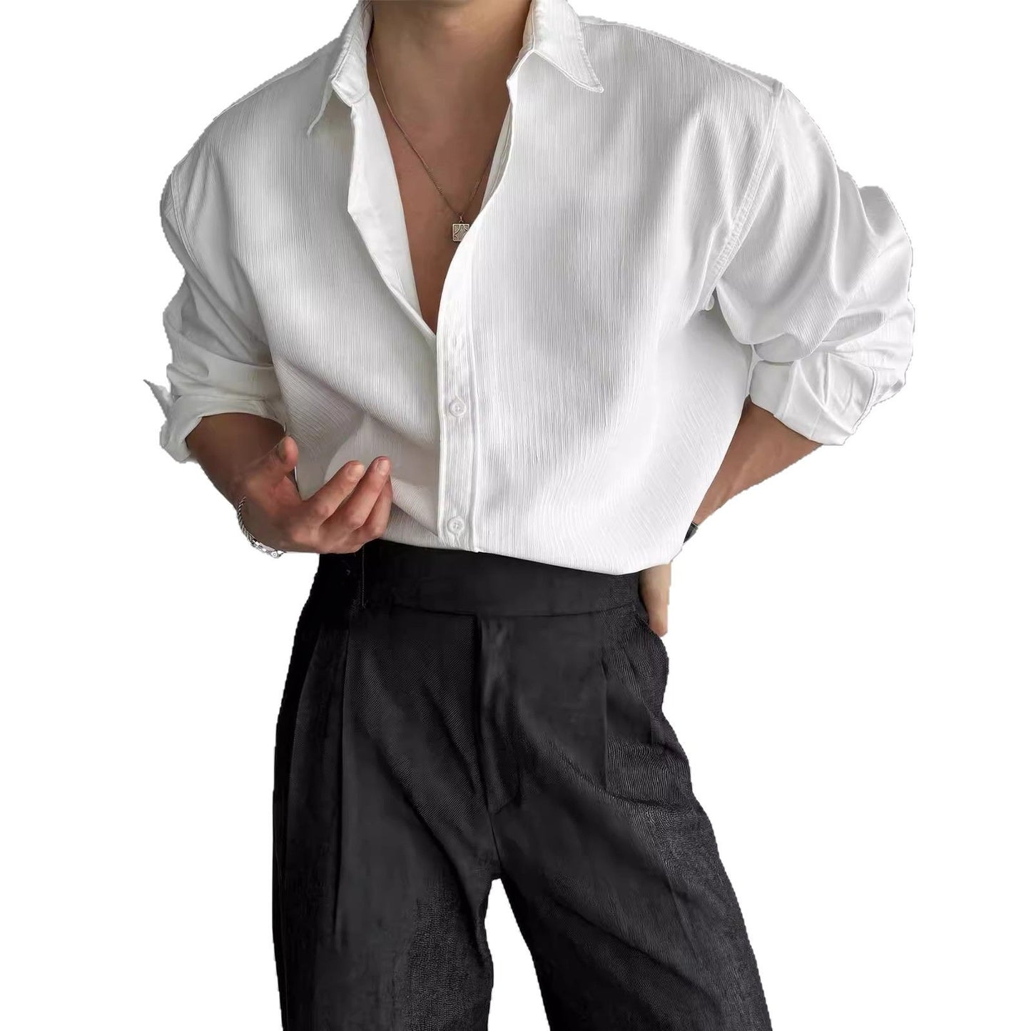 Men's Vertical Stripe Long Sleeve Button Shirt in White