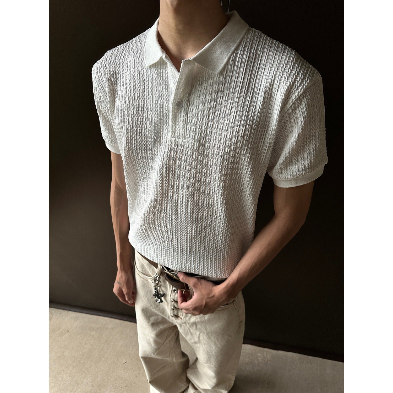 Men's Cable Knit Short Sleeve Polo Shirt - Textured Slim Fit - Black