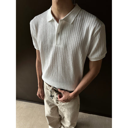 Men's Cable Knit Short Sleeve Polo Shirt - Textured Slim Fit - Black