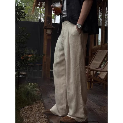 Men's Linen Blend Wide-Leg Casual Pants in Black