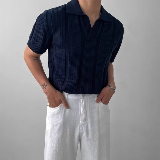 Men's Solid Textured Knit Short Sleeve Polo Shirt - Relaxed Fit - Black