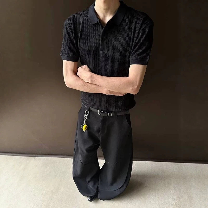Men's Stretch Knit Short Sleeve Polo Shirt - Solid Color Slim Fit - Black