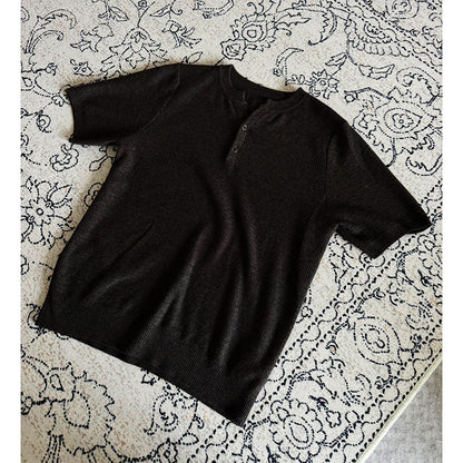 Men's Henley Collar Knit Short Sleeve Polo Shirt in Black