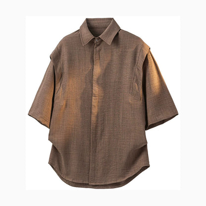 Men's Linen Blend Short Sleeve Spliced Shirt in Brown
