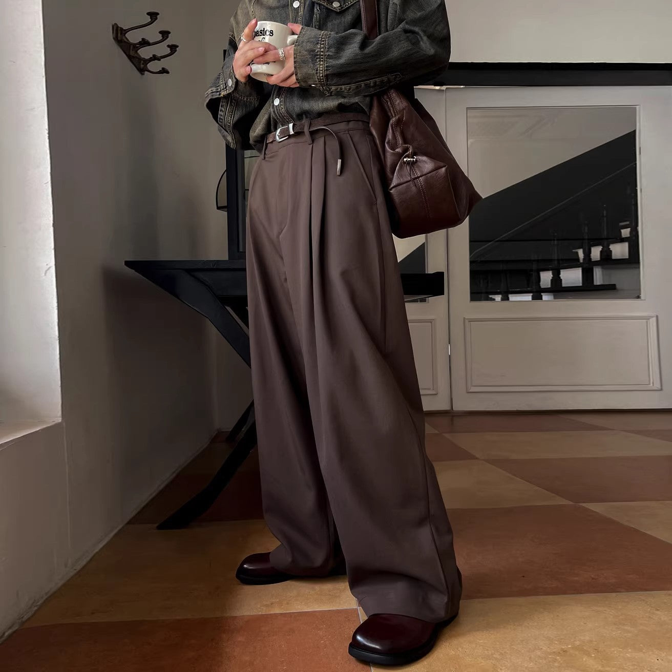 Men's straight-leg casual suit pants in brown and black