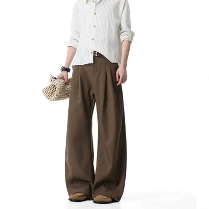 Men's Double Pleated Straight-Leg Trousers in Brown