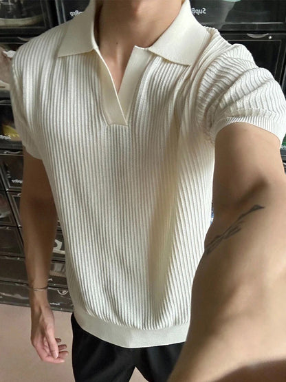 Men's Seagull V-Neck Knit Short Sleeve Polo Shirt in Gray